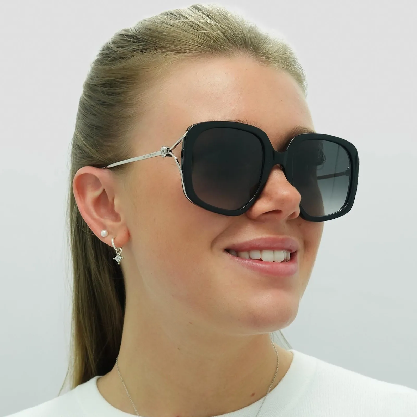 Alexander McQueen Square^Sunglasses AM0374S 001 Black Silver Grey Gradient