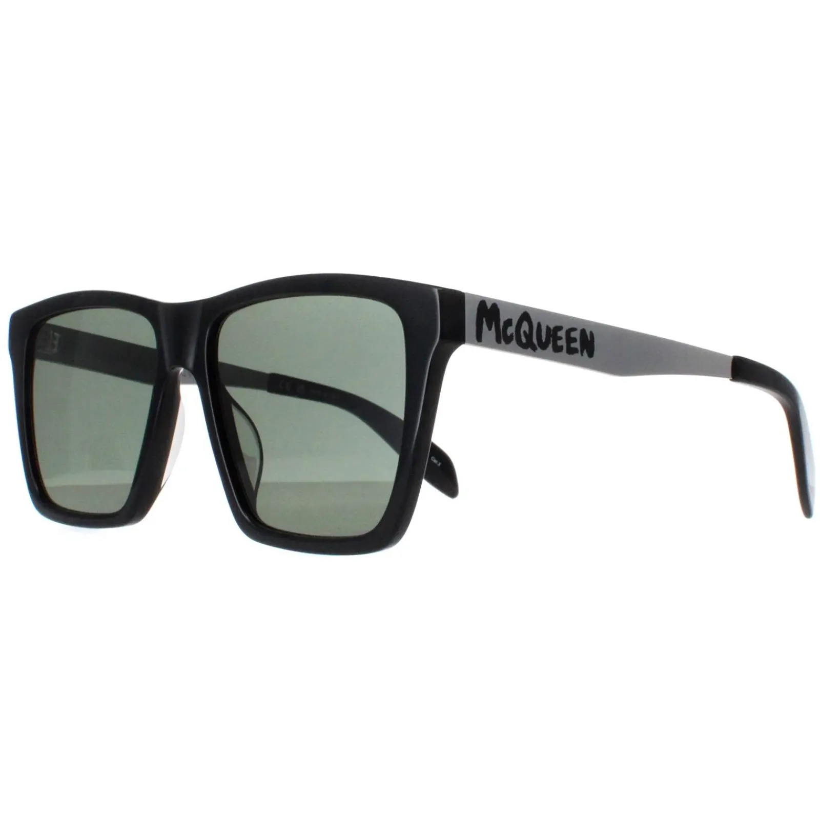 Alexander McQueen Square^Sunglasses AM0352S 002 Shiny Black and Silver Green