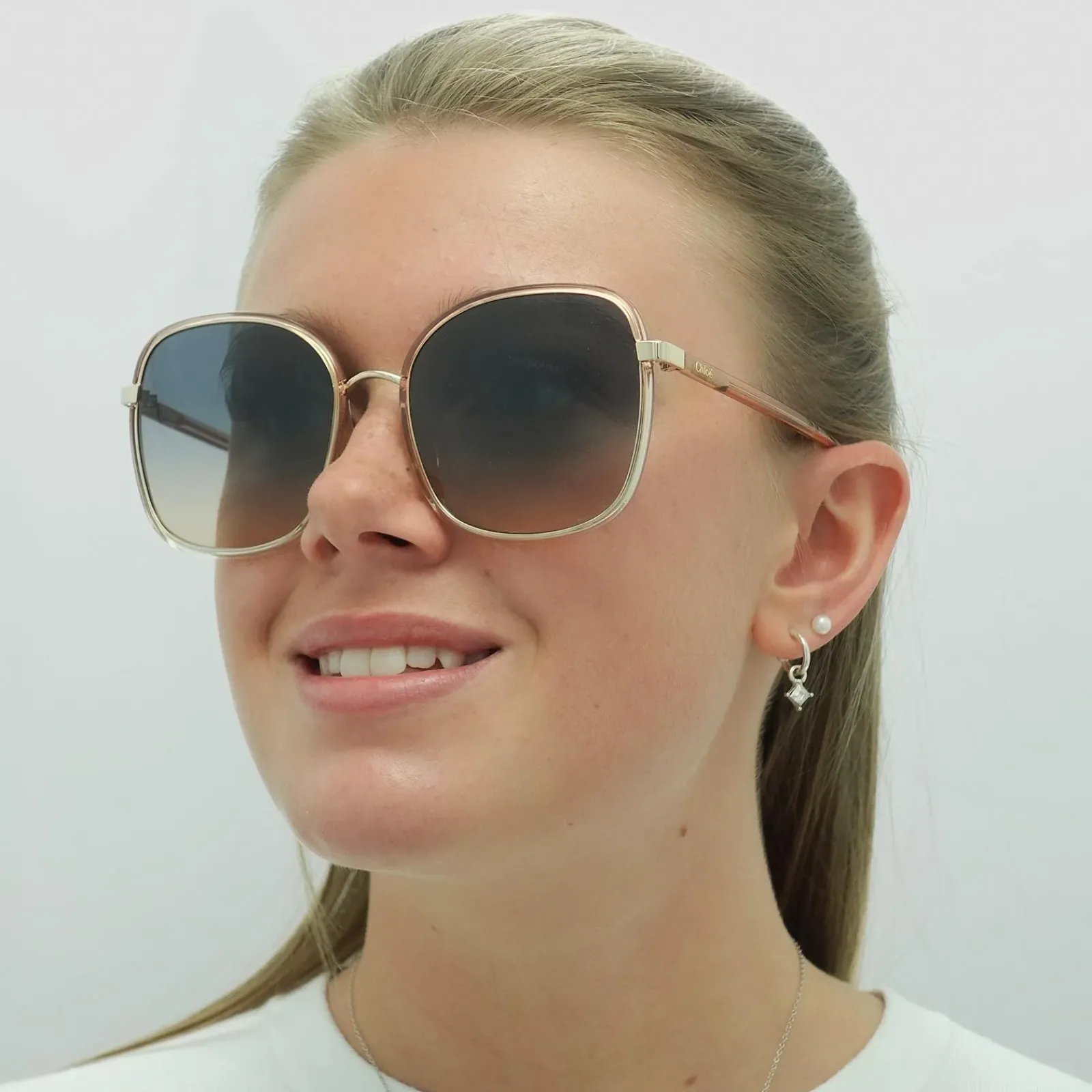 Chloe Square^Sunglasses CH0031S Franky 004 Orange Crystal Fade and Gold Blue