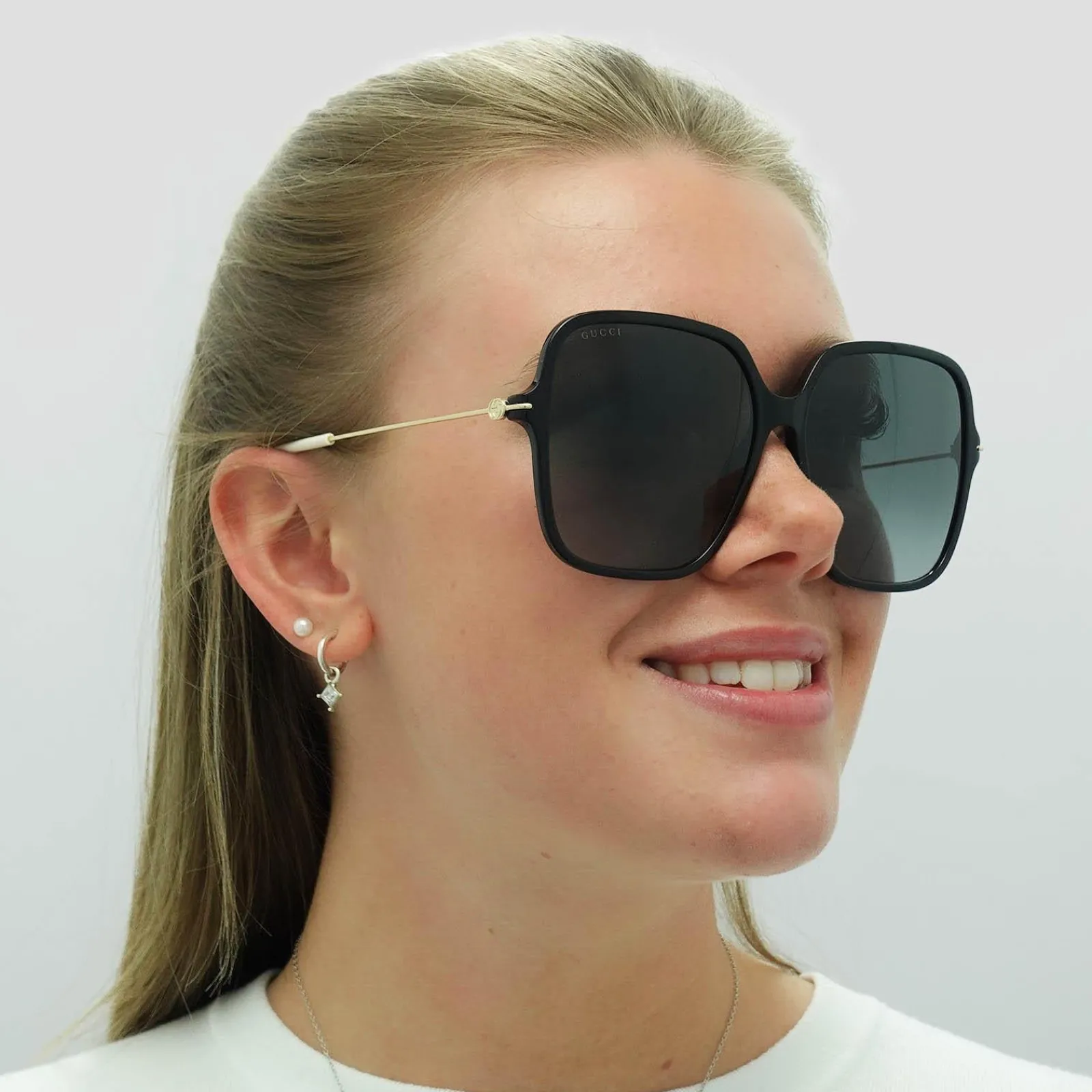 Gucci Square|Gucci^Sunglasses GG1267S 001 Shiny Black and Gold Grey Gradient