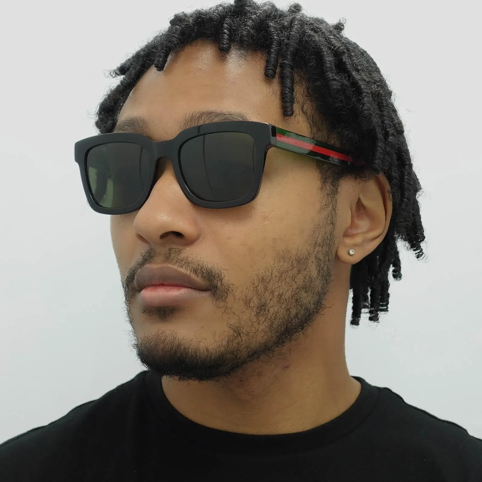 Gucci Gucci|Rectangle^Sunglasses GG0001SN 002 Black and Green With Red Stripe Green