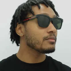 Gucci Gucci|Rectangle^Sunglasses GG0001SN 002 Black and Green With Red Stripe Green