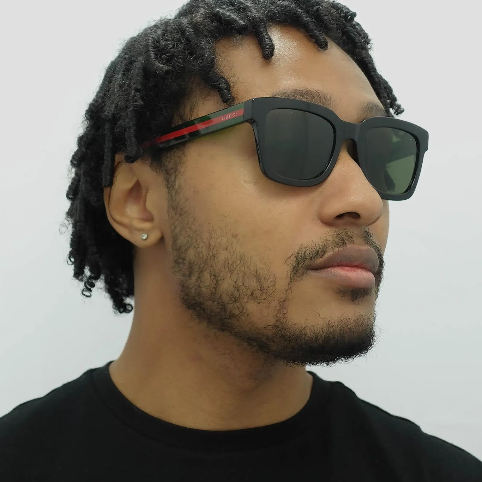 Gucci Gucci|Rectangle^Sunglasses GG0001SN 002 Black and Green With Red Stripe Green
