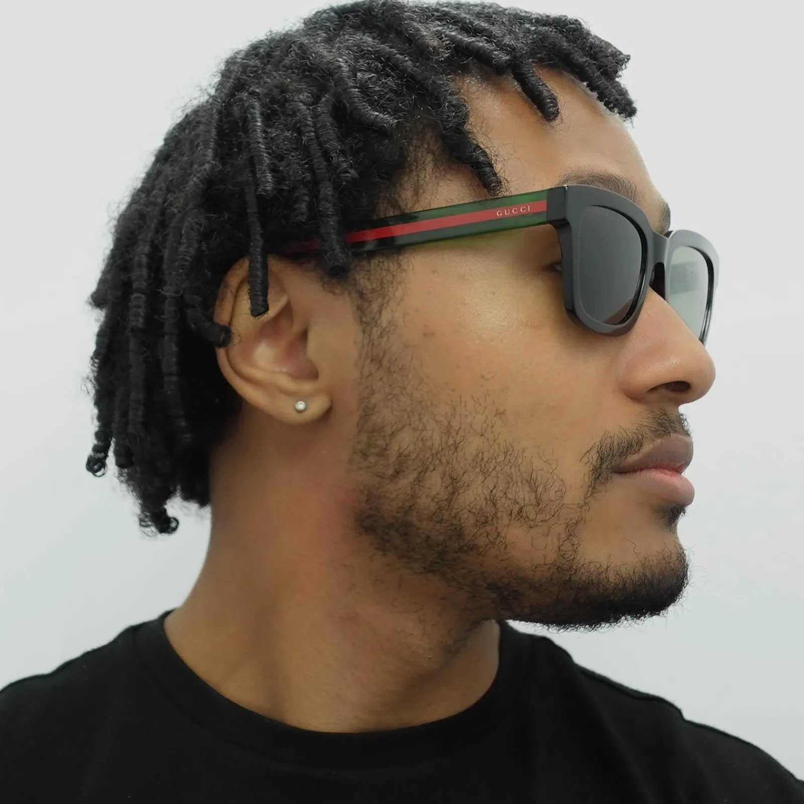 Gucci Gucci|Rectangle^Sunglasses GG0001SN 002 Black and Green With Red Stripe Green