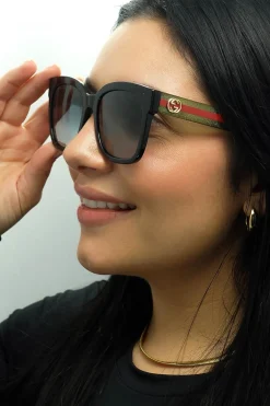 Gucci Gucci|Square^Sunglasses GG0034SN 002 Black With Green and Red Glitter Grey Gr