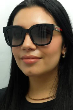 Gucci Gucci|Square^Sunglasses GG0034SN 002 Black With Green and Red Glitter Grey Gr