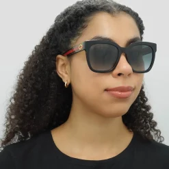 Gucci Gucci|Square^Sunglasses GG0034SN 002 Black With Green and Red Glitter Grey Gr