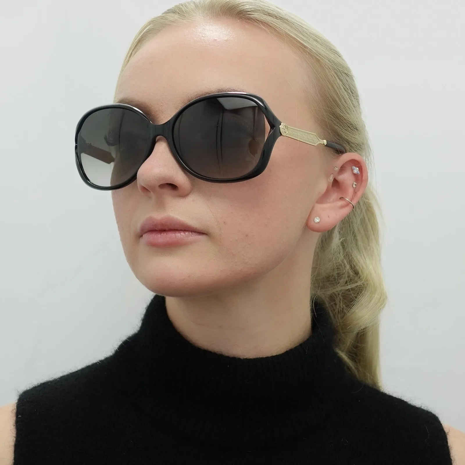 Gucci Gucci|Butterfly^Sunglasses 0076S 002 Black Gold Grey Gradient