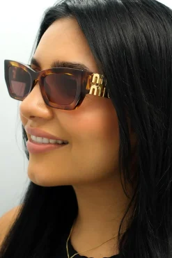 Miu Miu Rectangle^Sunglasses MU09WS 11Q08S Striped Tobacco Dark Violet