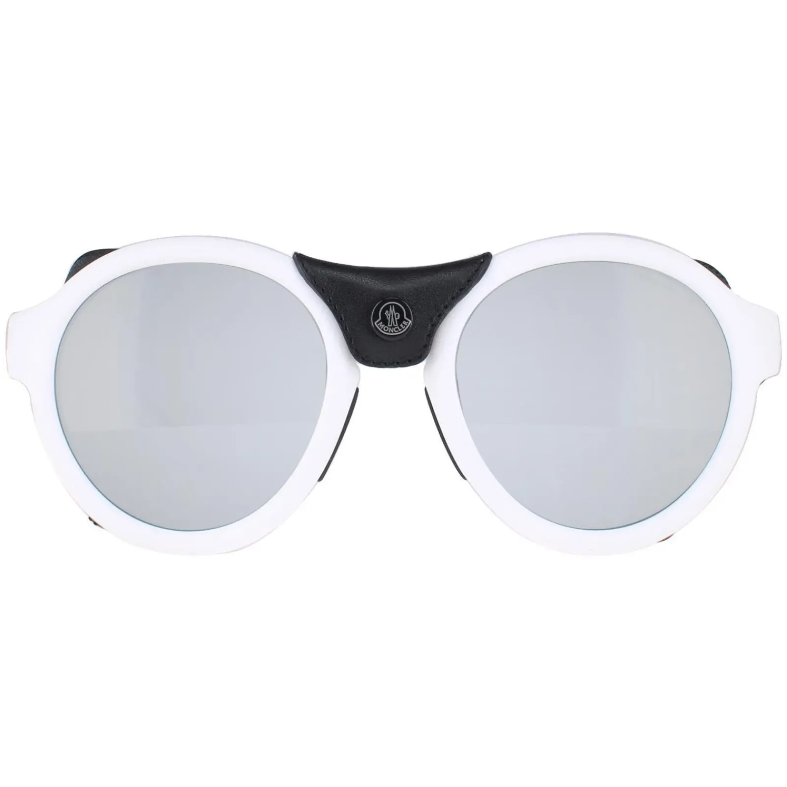 Moncler Round|Moncler^Sunglasses ML0046 21C White Black Leather Grey Silver Mirror