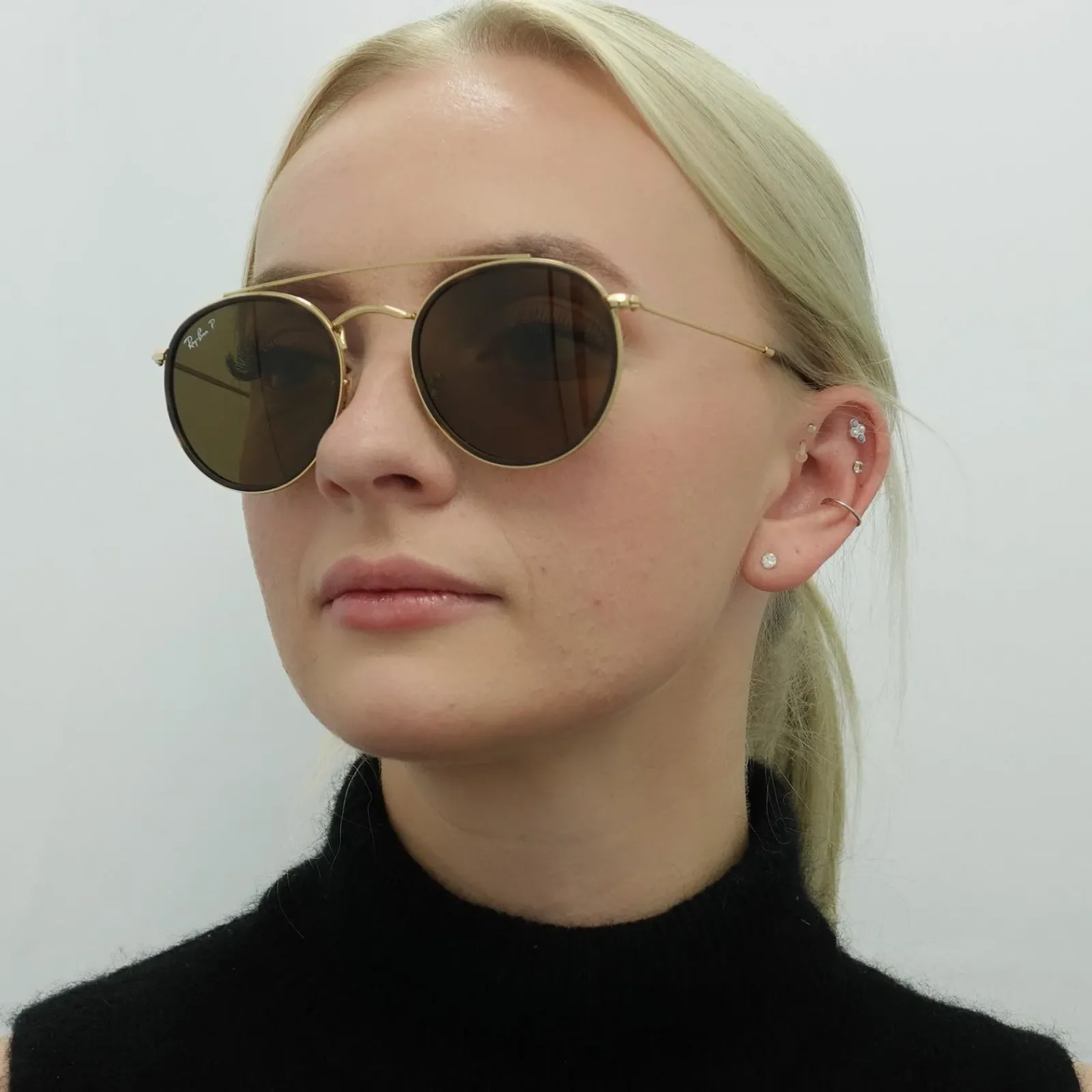 Ray-Ban Polarised^Sunglasses Round Double Bridge 3647N 001/57 Gold Brown B-15 Po